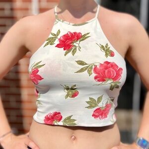 Red Floral Halter Crop Top Women's Size S White Open Back With Stripes